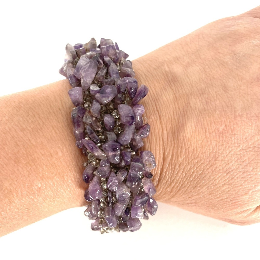Vintage Estate Amethyst Bracelet Heavy Wide Magnetic Latch Semiprecious Stones